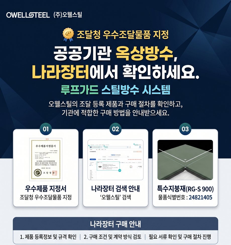 공공기관 옥상방수, 나라장터에서 확인하세요 — 오웰스틸 루프가드 스틸방수 시스템이 조달청 우수조달물품으로 지정되었습니다. 우수제품 지정서, 나라장터 ‘오웰스틸’ 검색, 특수지붕재 RG-S 900(물품식별번호 24821405)